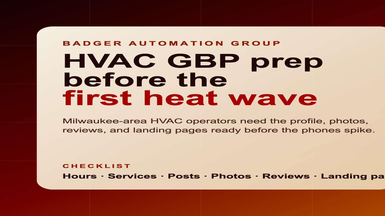 Editorial illustration of a Wisconsin HVAC service truck, map grid, and summer heat graphics in Badger Automation Group brand colors