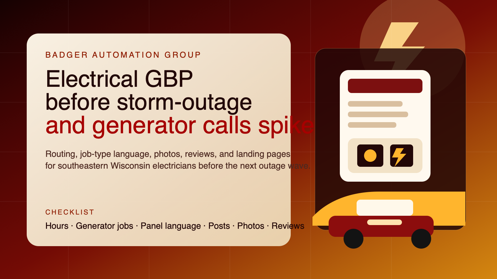 Editorial illustration of an electrical service truck, lightning, generator panel, and outage-readiness checklist in Badger Automation Group brand colors