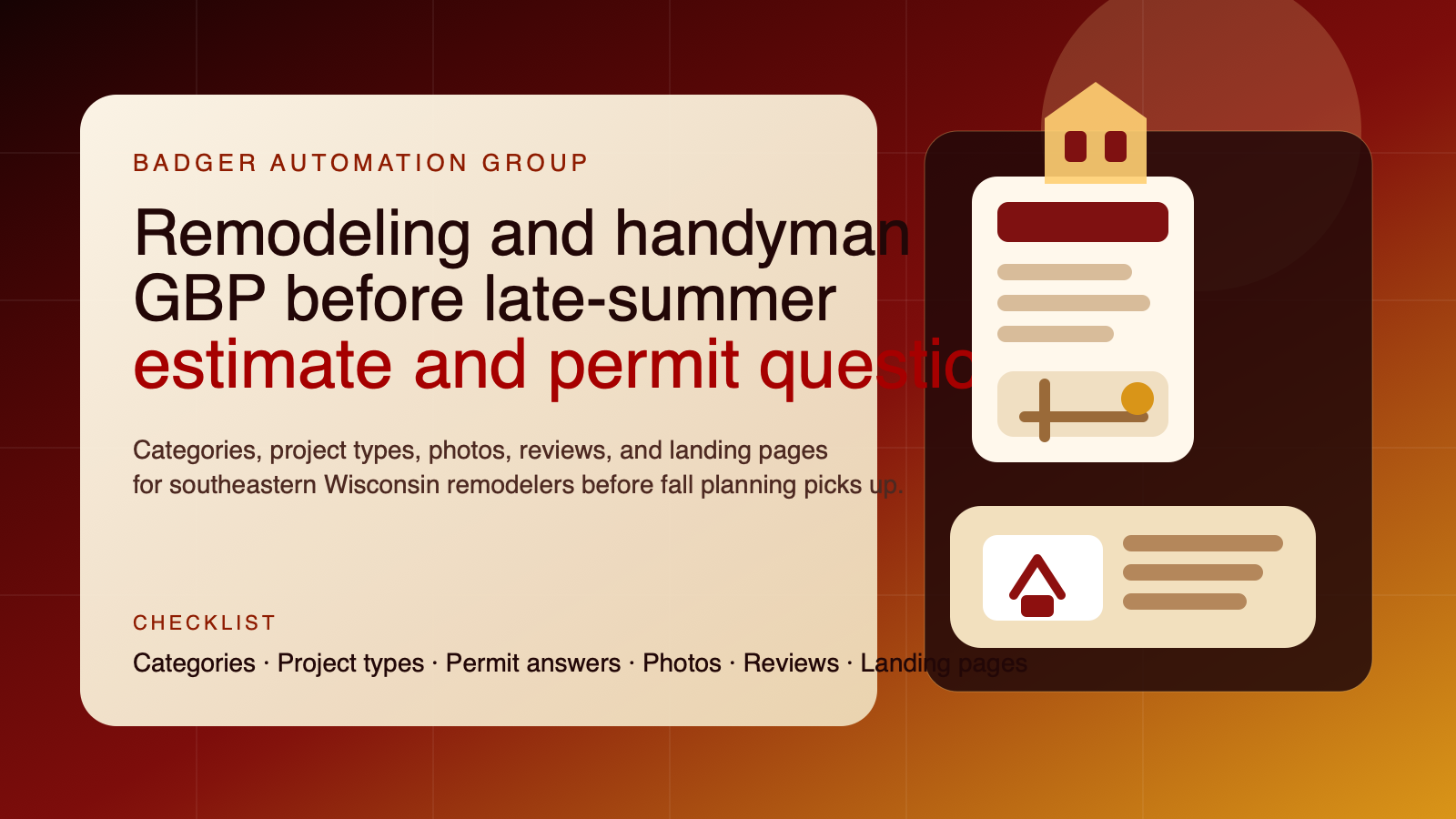 Editorial illustration of a remodeling truck, blueprint, kitchen and basement icons, and a permit checklist in Badger Automation Group brand colors