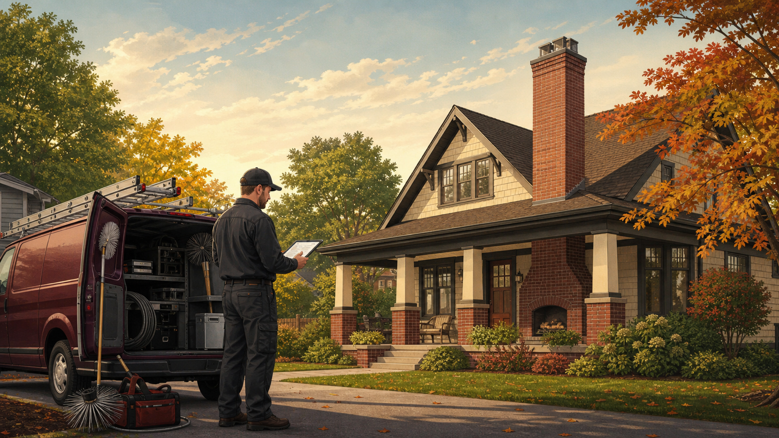 Chimney technician planning a late-summer Wisconsin service route beside a burgundy van and brick chimney
