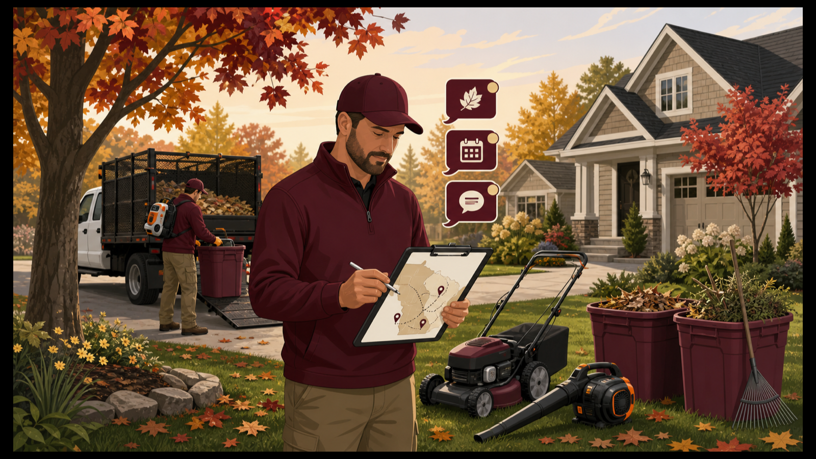 Wisconsin landscaping crew planning fall cleanup routes beside a mower, leaf blower, truck, and autumn yard