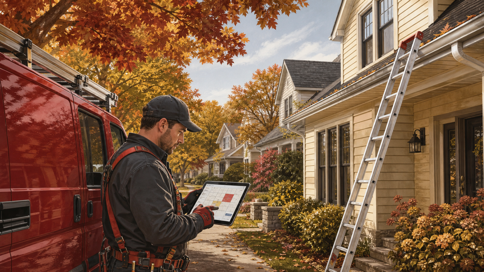 Wisconsin gutter cleaning contractor reviewing a fall route calendar beside a ladder, clean rain gutter, and Milwaukee-area home
