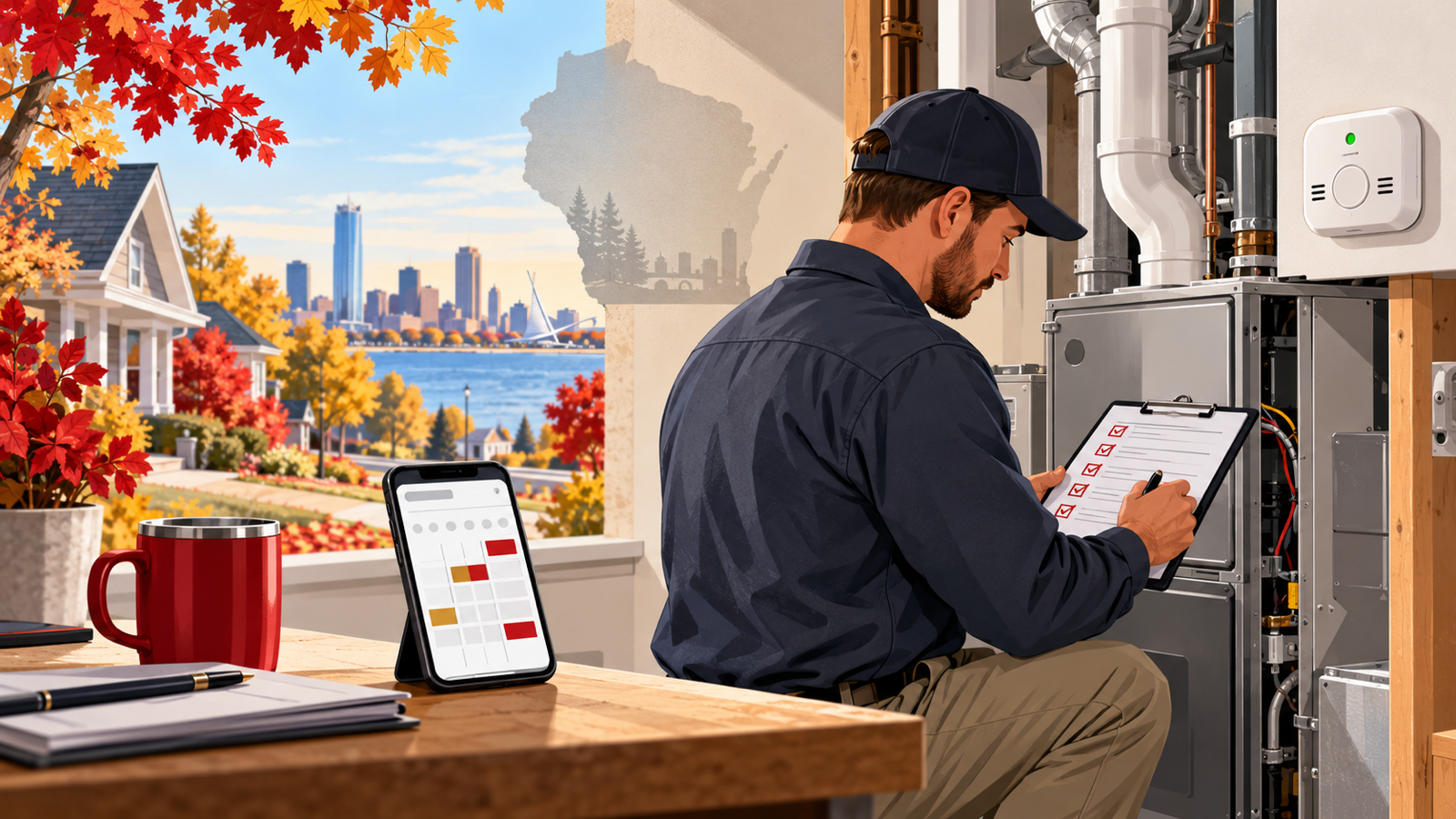 Wisconsin HVAC technician inspecting a furnace beside a carbon monoxide alarm and fall content calendar
