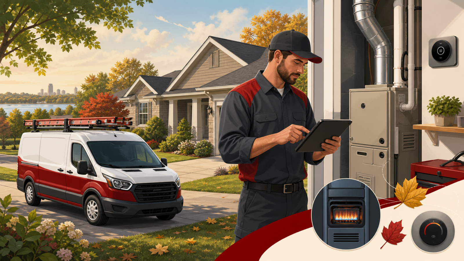HVAC technician reviewing a service schedule beside a furnace, service van, and southeastern Wisconsin home transitioning from summer to fall