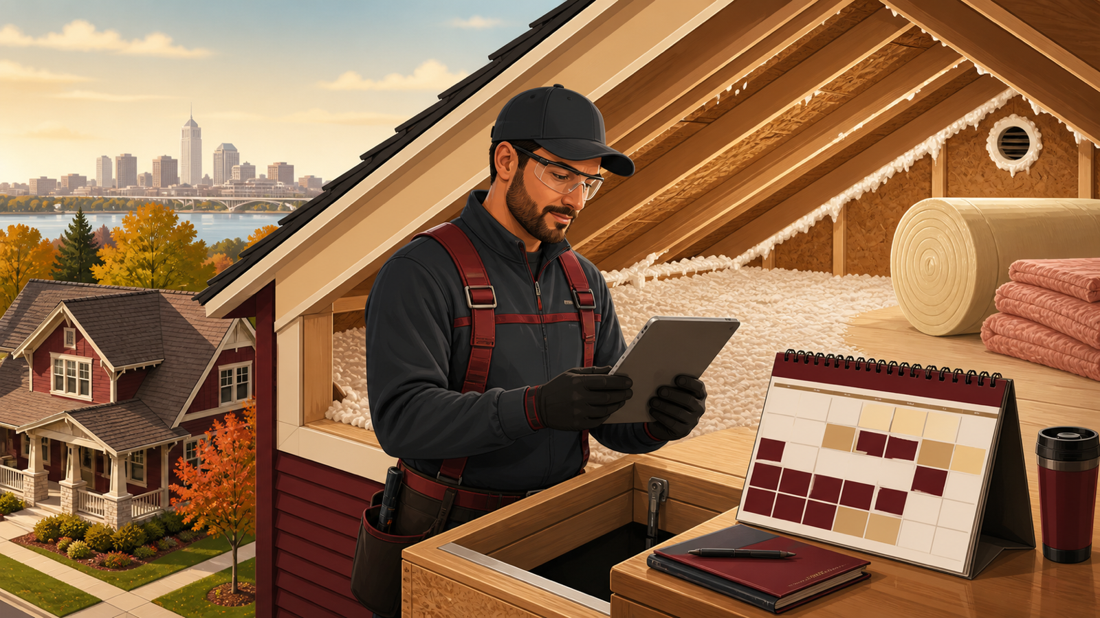 Wisconsin insulation contractor reviewing a fall project calendar beside an insulated attic and Milwaukee-area homes
