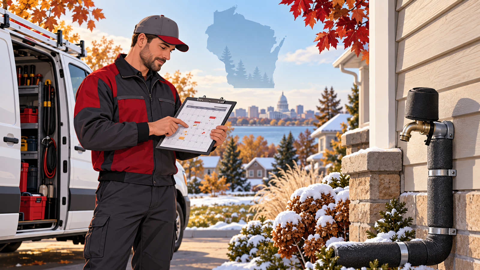Wisconsin plumber reviewing a fall-to-winter service calendar beside an insulated outdoor pipe and service van