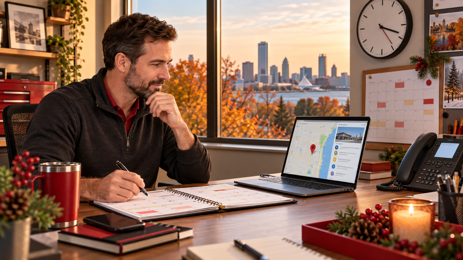 Wisconsin small-business owner coordinating a holiday calendar, business listing, website, and phone schedule