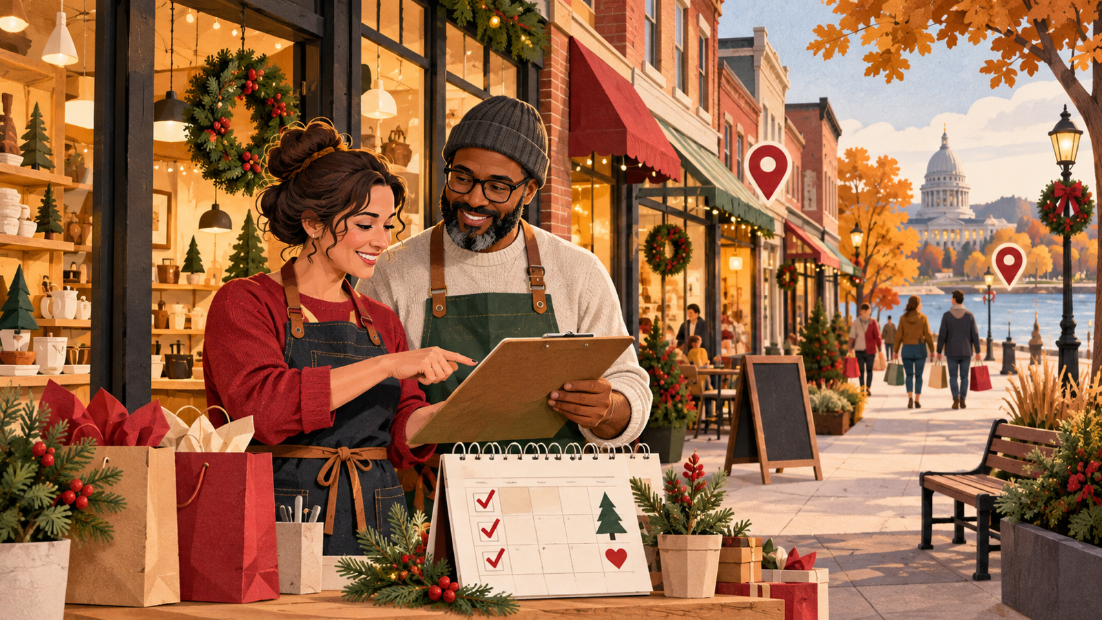 Wisconsin shop owners reviewing a Small Business Saturday campaign checklist outside a decorated local storefront
