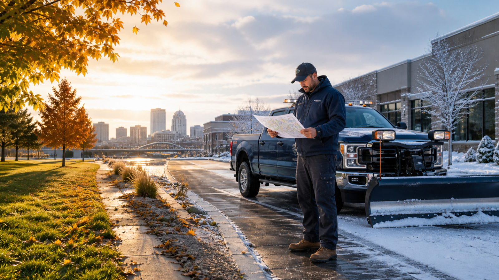 Wisconsin snow removal contractor reviewing a route map beside a plow truck as late summer transitions into winter
