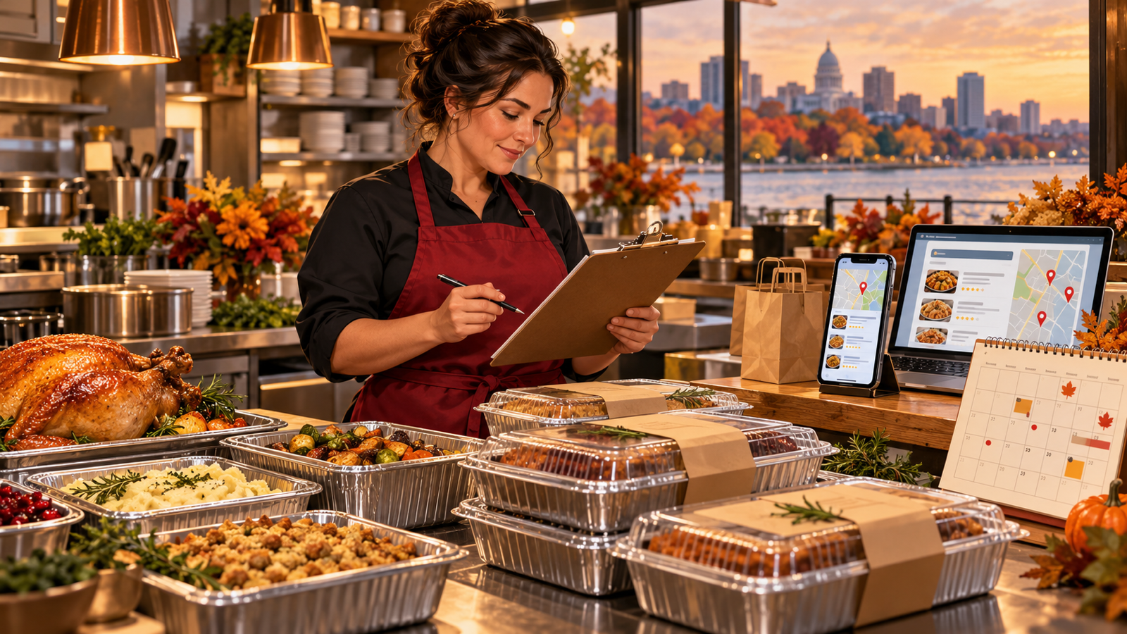 Wisconsin restaurant owner organizing Thanksgiving catering orders beside prepared meal trays and local-search tools